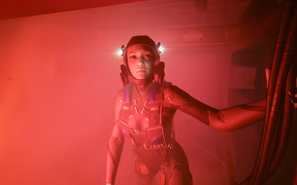Female character in a red bodysuit with helmet lights stands in red fog.