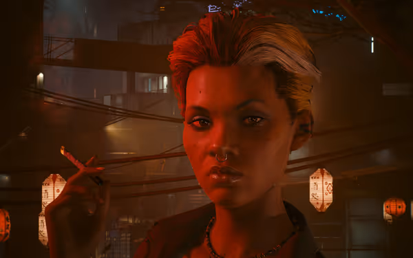 A woman with short blonde hair and a nose ring holds a lit cigarette.