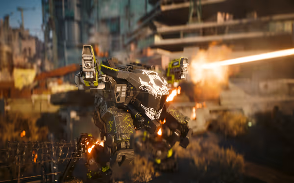 Heavily armed combat mech with skull emblem fires bright beam in urban warzone setting.