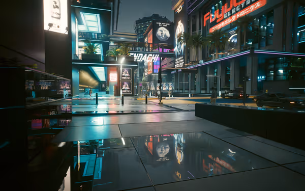 Futuristic city street with neon signs, palm trees, cars, and pedestrians under glowing lights.