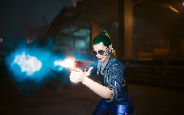A woman with green hair fires a pistol, blue muzzle flash lighting her face.