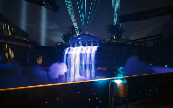 Futuristic temple with glowing waterfall and lasers under starry night sky.