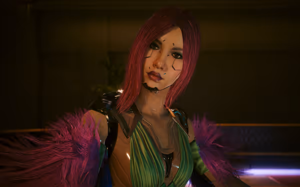 Woman with red hair and facial cybernetics wears vibrant green outfit with purple fur.