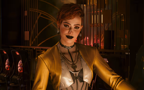 A woman with short red hair and black lipstick stands confidently in a neon-lit bar.