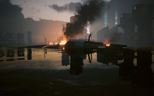 A burning yacht floats on water with smoke rising against a futuristic cityscape.