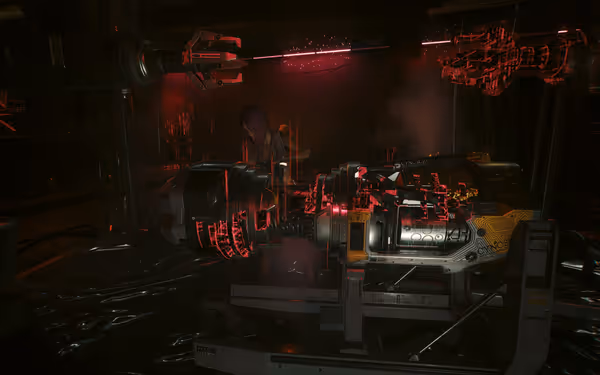 Person with purple hair works on large futuristic machine glowing red in dark lab.