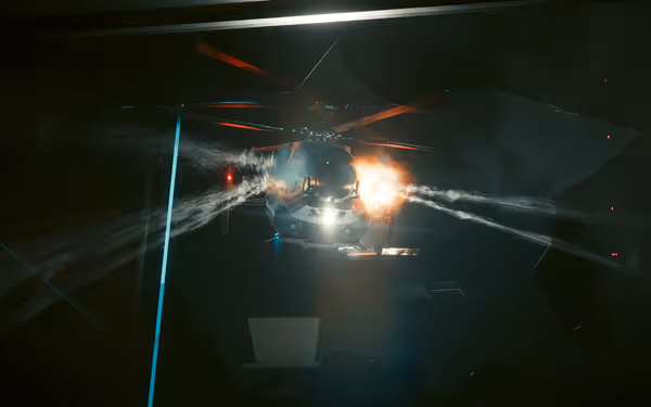 A futuristic helicopter fires weapons through shattered glass, with smoke and flames erupting outward.