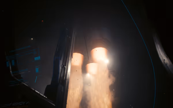 A rocket ignites its engines at launch, blasting flames downward past digital flight readouts.
