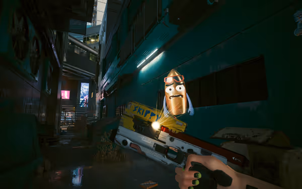 A cartoon bullet with goggles hovers above a futuristic talking gun named Skippy.