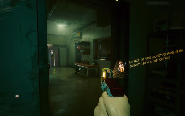 A smart pistol named Skippy displays a talking bullet with sarcastic text inside a room.