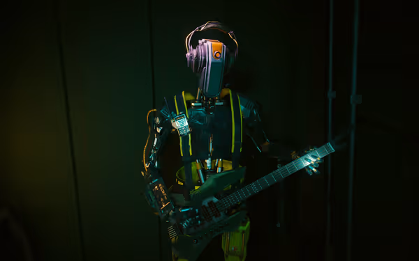 Humanoid robot wearing headphones plays futuristic electric guitar under dim green lighting.