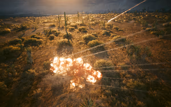 A series of fiery explosions erupts in a desert landscape with cacti and scattered shrubs.