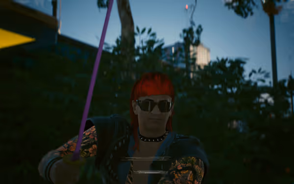 A man with red hair and sunglasses holds a purple sword in combat stance.
