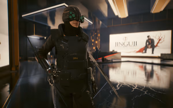 Armored figure in tactical gear with green-lensed visor stands in sleek luxury store.
