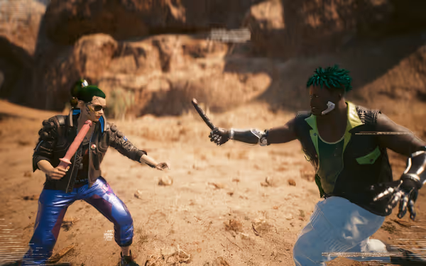 Two cyberpunk characters face off in desert, each wielding silicone sex toys.