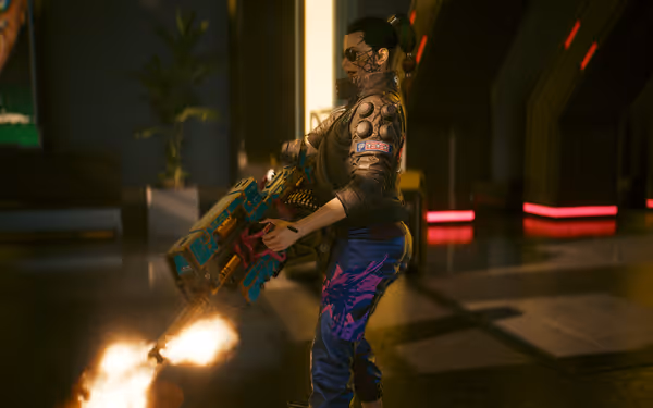 A woman with cybernetic tattoos fires a large, colorful gun with a large fiery muzzle flash.