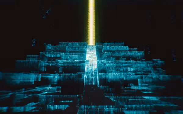 A glowing yellow beam shoots upward from a blue digital pyramid in a dark void.