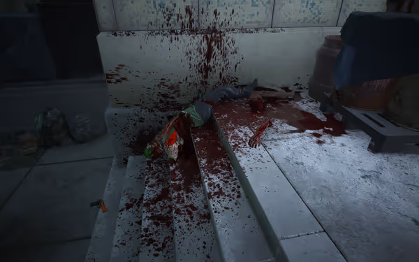 Dismembered body lies on blood-soaked stairs with pistol nearby and wall splattered.