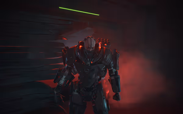 Heavily armored cyborg with glowing red lights stands before a broken metal wall.
