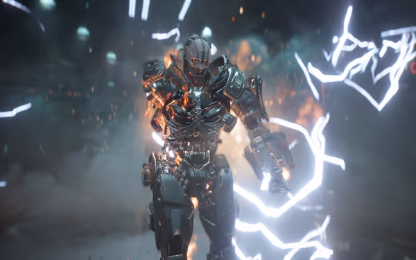 Battle-damaged cyborg with glowing eyes walks through lightning and flames in a smoky environment.