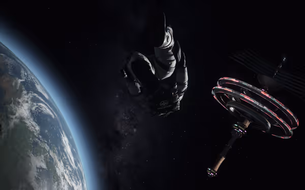 An astronaut floats in space between a glowing space station and the Earth below.