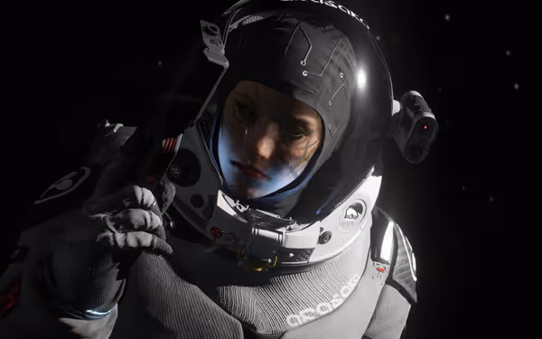 Woman in a high-tech space suit holding a gun, floating in outer space.