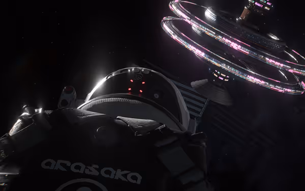 Astronaut in an Arasaka space suit approaches a glowing rotating space station.