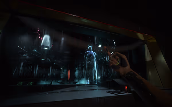 Cybernetic hand shows middle finger to blue hologram of man in futuristic chamber.