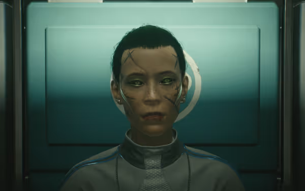 A woman with glowing green cybernetic eyes stares forward with a neutral expression.