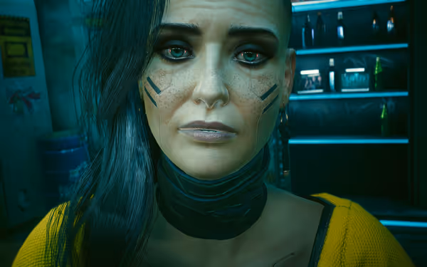 A woman with cybernetic face markings and red eyes stares ahead with concern.