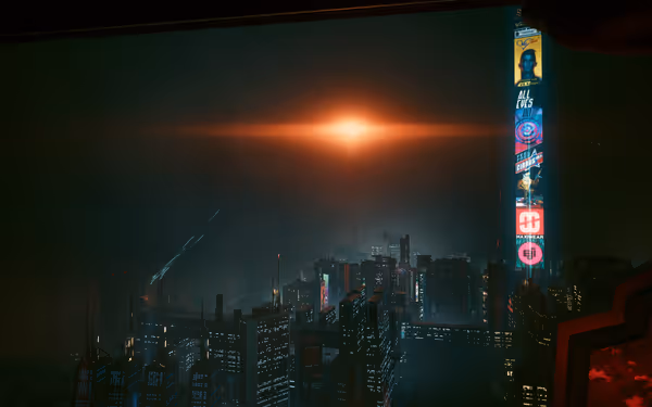 A futuristic cityscape at night with glowing skyscrapers and a bright orange light overhead.