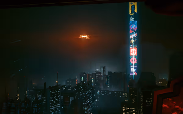 A dark futuristic cityscape with a flaming object streaking through the cloudy night sky.