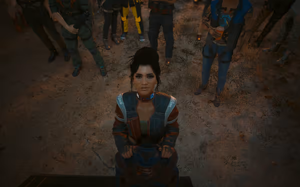 A woman with tied hair looks up lovingly, surrounded by people standing in background.