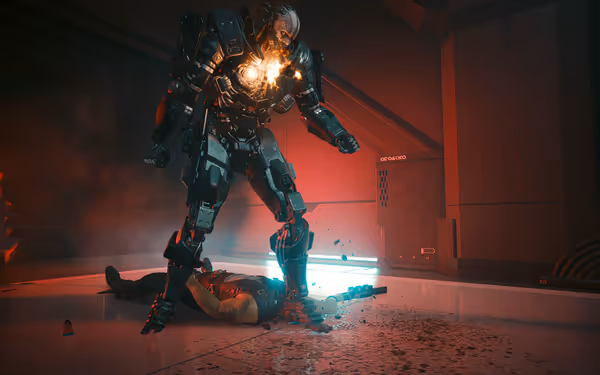 A massive cybernetic soldier with a flaming chest stands over a fallen man, crushing his head.
