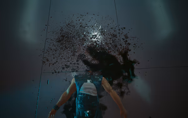 A headless man lies on the floor surrounded by a large pool of blood.