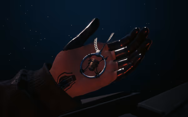 A black and red cybernetic hand holds a bullet pendant under a starry sky.
