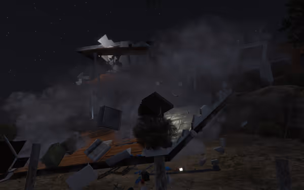 A modern house collapses at night with debris and smoke filling the dark sky.