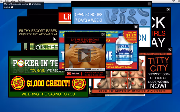 A cluttered computer screen filled with explicit pop-up ads and spam promotions.