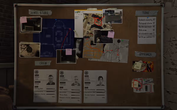 A heist planning board shows maps, photos, crew profiles, objectives, and escape routes.