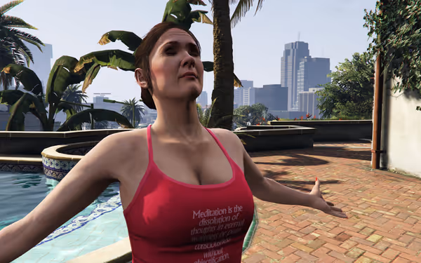 A woman in a pink tank top stretches peacefully by a poolside with cityscape background.