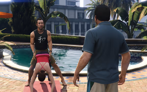A man assists a woman in a very suggestive yoga pose while another man watches silently.