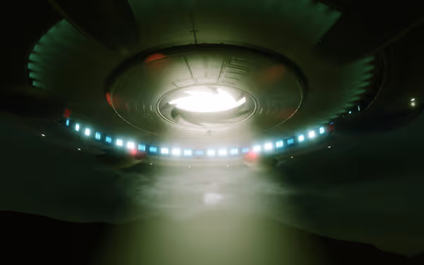 A man is being pulled into a glowing UFO through a bright central beam.