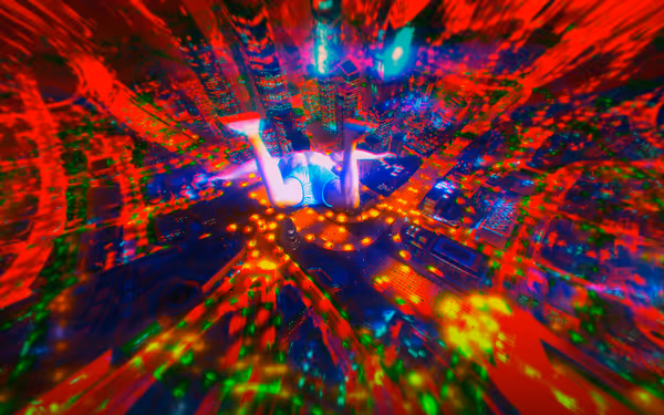 A person in striped shorts skydives above a glowing, neon-lit cityscape at night.