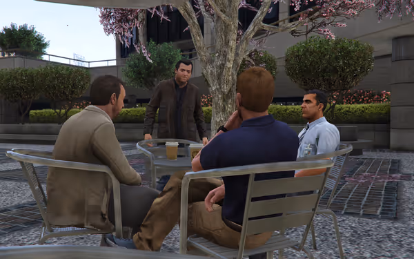 Four men are gathered at an outdoor café table, engaged in a serious discussion.