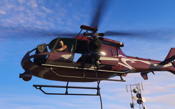 The image shows a helicopter with two figures: one pilot and a person rappelling.