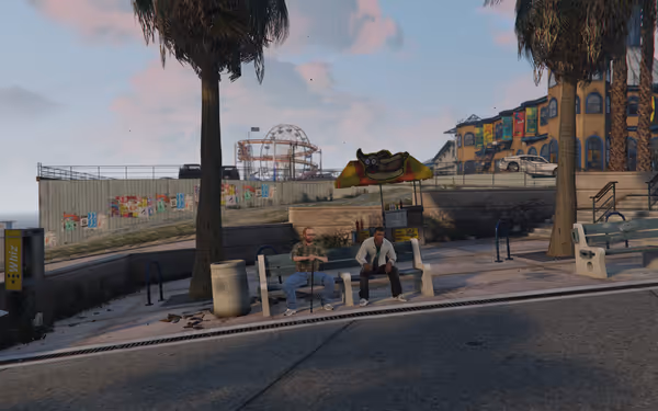 Two people sitting on a bench near a hot dog stand and a Ferris wheel.