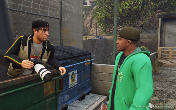 The image shows two men talking near a dumpster, one holding a camera.