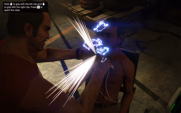 A man holds sparking blue electric clips toward a shirtless seated man in a dim industrial room with control prompt overlay