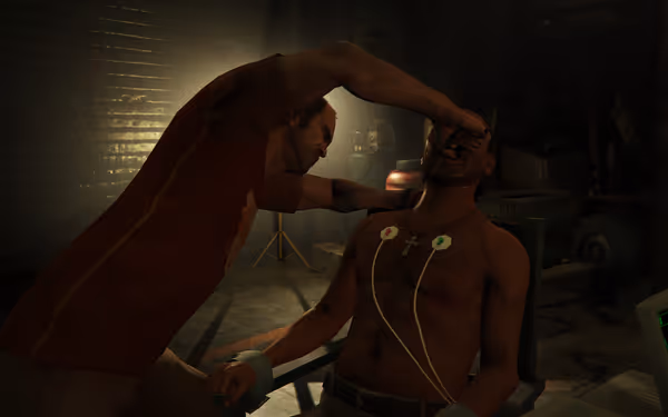 A man in a red shirt forces a seated man’s mouth open violently.