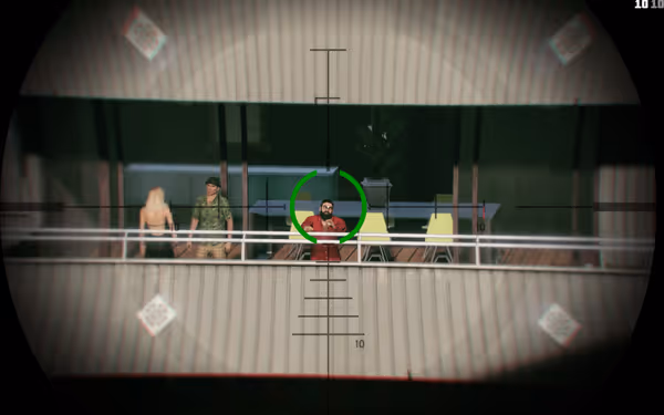 A sniper scope targets a man in a red shirt on a balcony with others nearby.